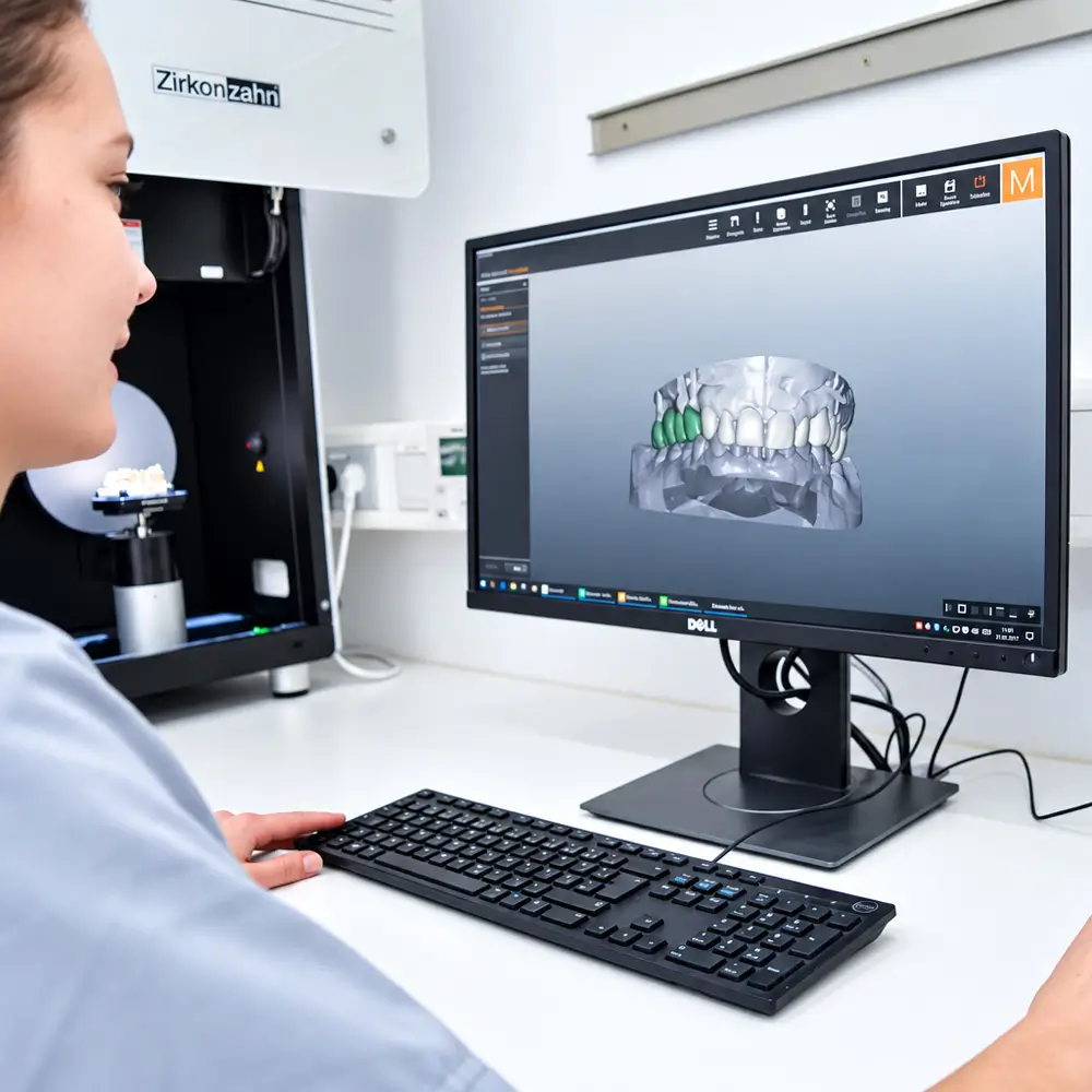 Eine Frau sitzt am Computer mit einem 3D Modell von einem Gebiss