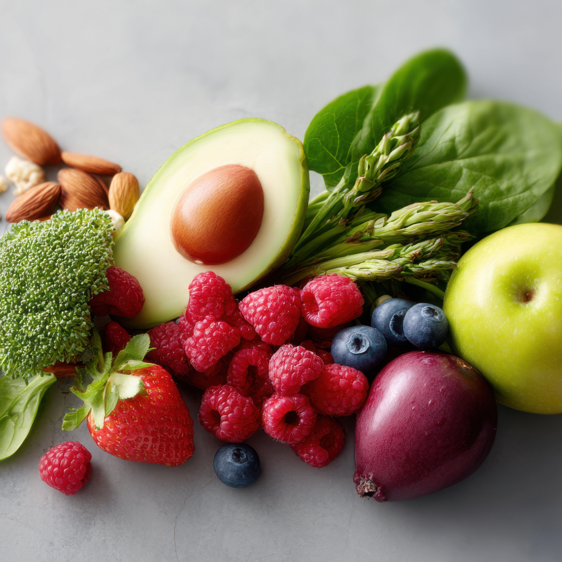 Halbierte Avocado mit Kern, Himbeeren, Erdbeere, Heidelbeeren, Brokkoli, Mandeln, gr&uuml;ner Apfel, rote Zwiebel, Spargel und Spinatbl&auml;tter auf grauem Untergrund